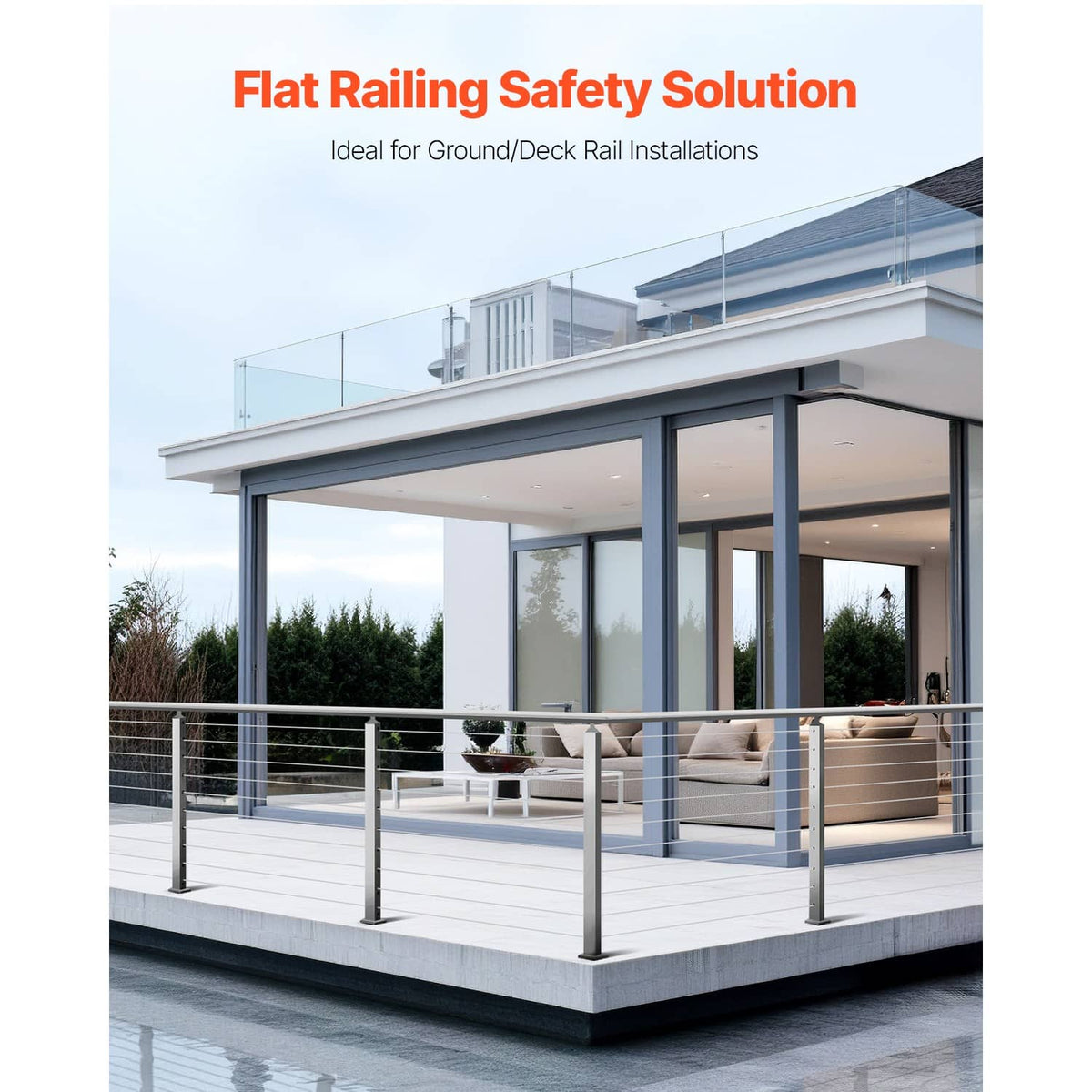 Cable railing deck post set in silver stainless steel with top rail and glass panels