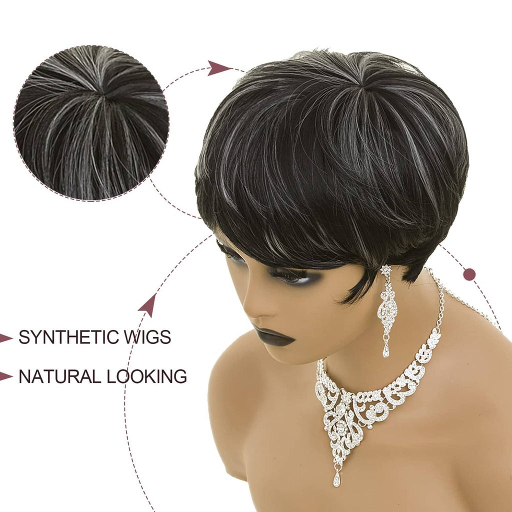 Short layered pixie wig showing top and side angles, dark black with grey mixed tone.