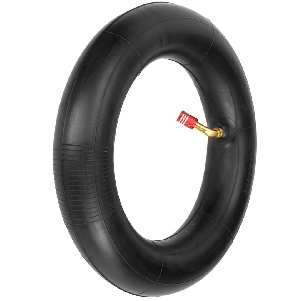 Black 10x2.50 inner tube with red-and-gold valve and tread texture
