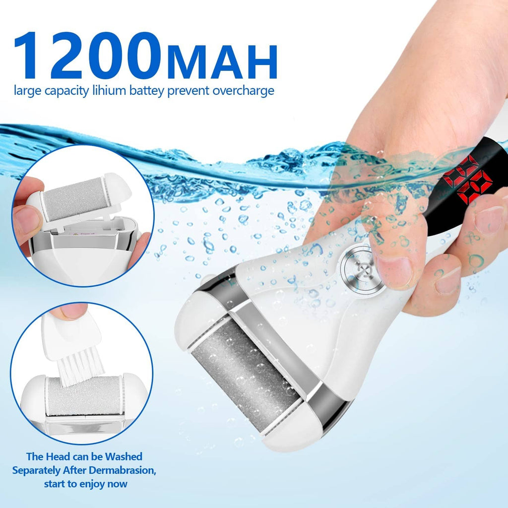 White foot callus remover held above wet foot, showing red LED indicator
