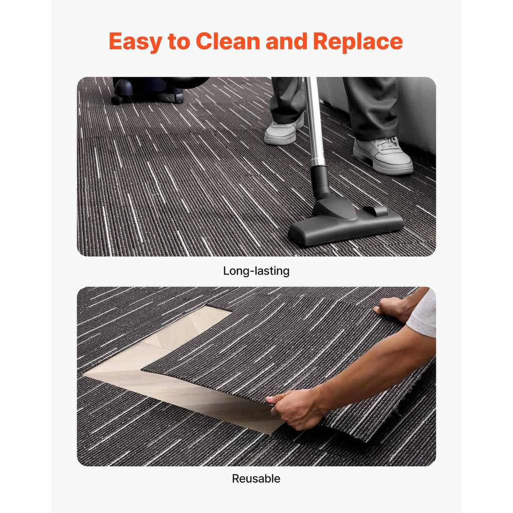 Gray reusable carpet tile with textured stripes, can be lifted and reset