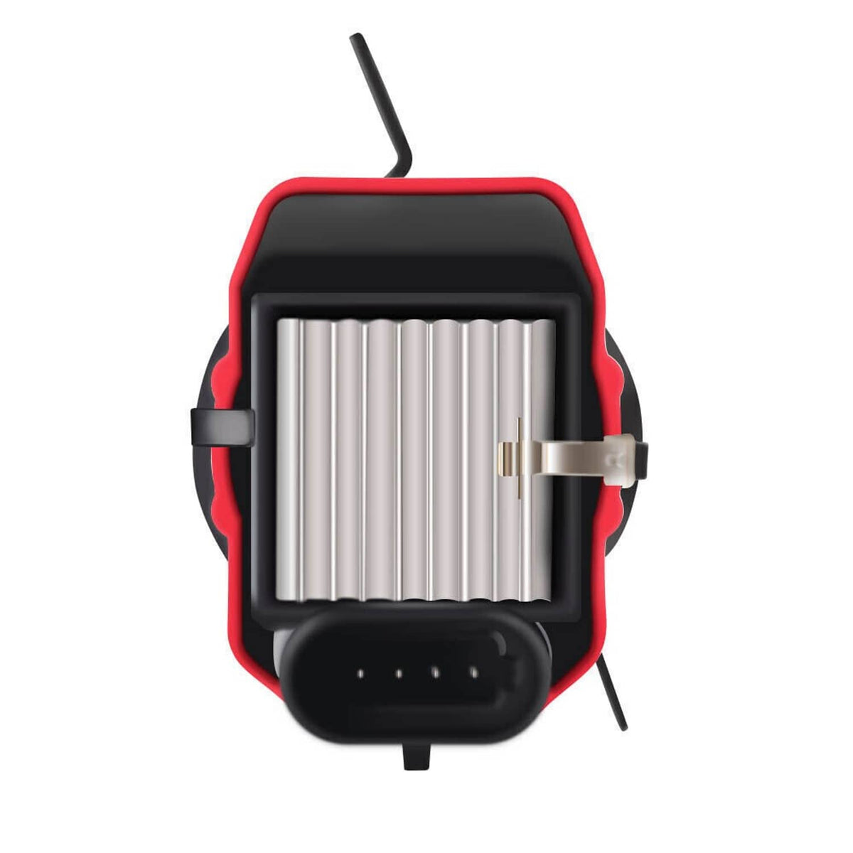 Ignition coil module with red-and-black body and silver ribbed heat sink fins.