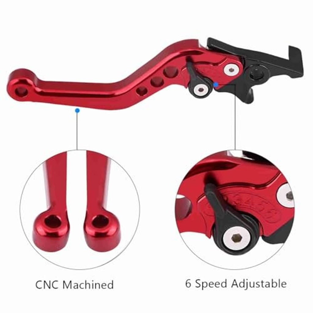 Red adjustable brake lever with black pad, pivot pin, and drilled handle design