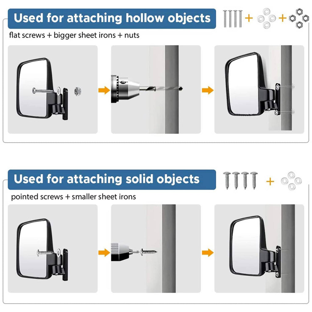 Golf cart mirror mounting hardware for attaching mirror to flat or solid surfaces