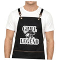 Black adjustable cross-back work apron with Grill Legend graphic and dark straps.
