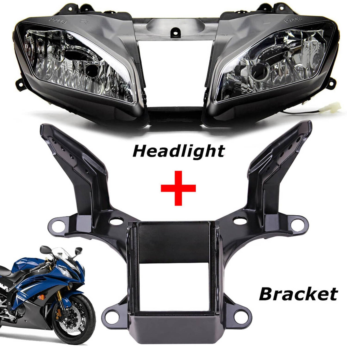 Motorcycle headlight assembly plus black upper fairing stay bracket, clear lens and hardware