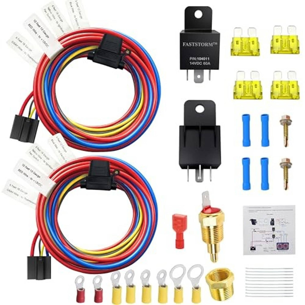 Dual electric fan relay kit contents: relays, fuse blocks, thermostat switch, and wire terminals