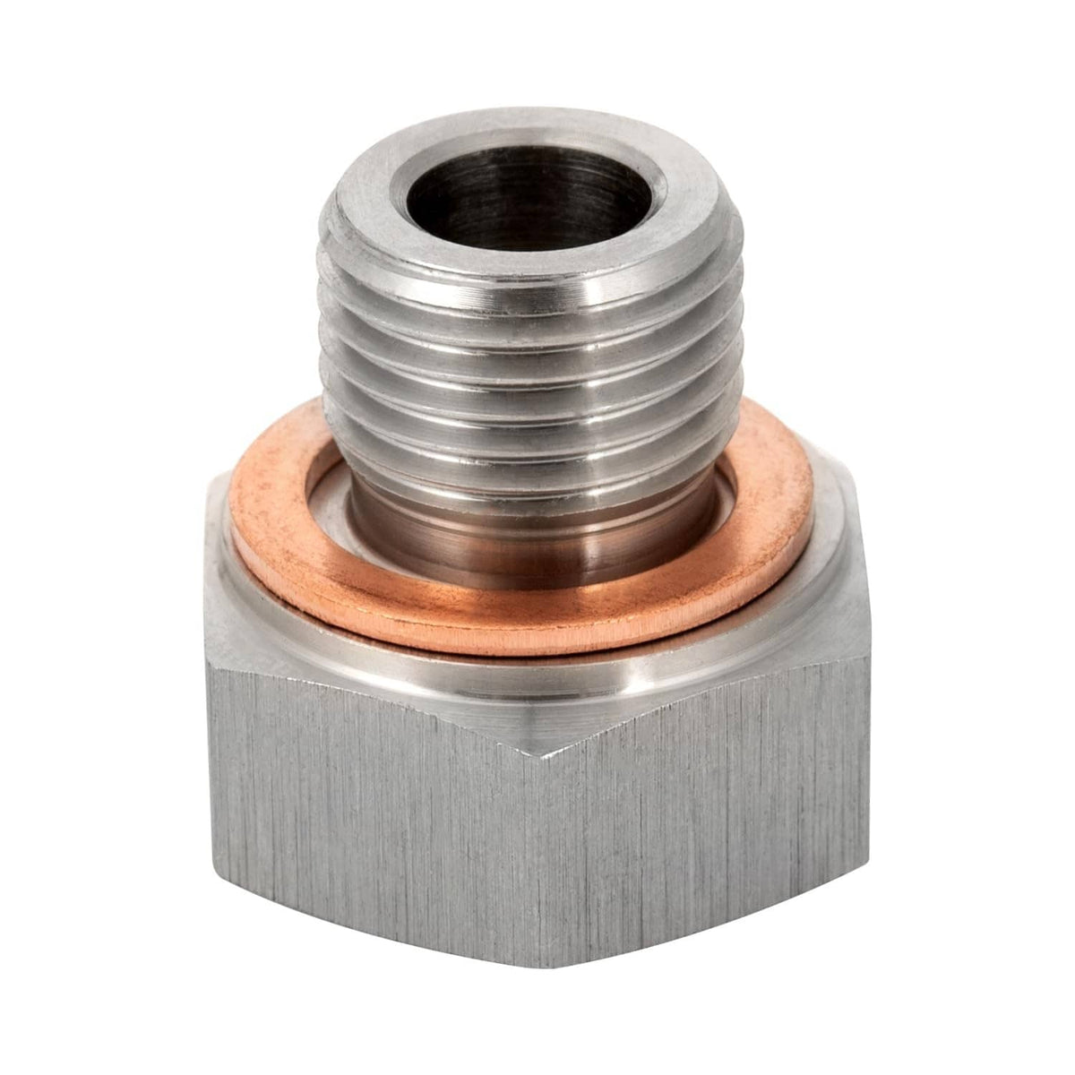 Oil pressure sensor adapter with external threads and copper gasket, silver metal finish