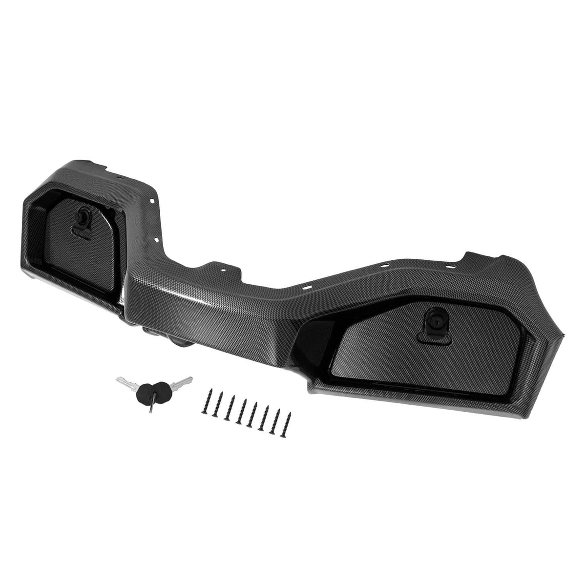 Carbon fiber-style dash cover section in dark finish with key opening and side compartment