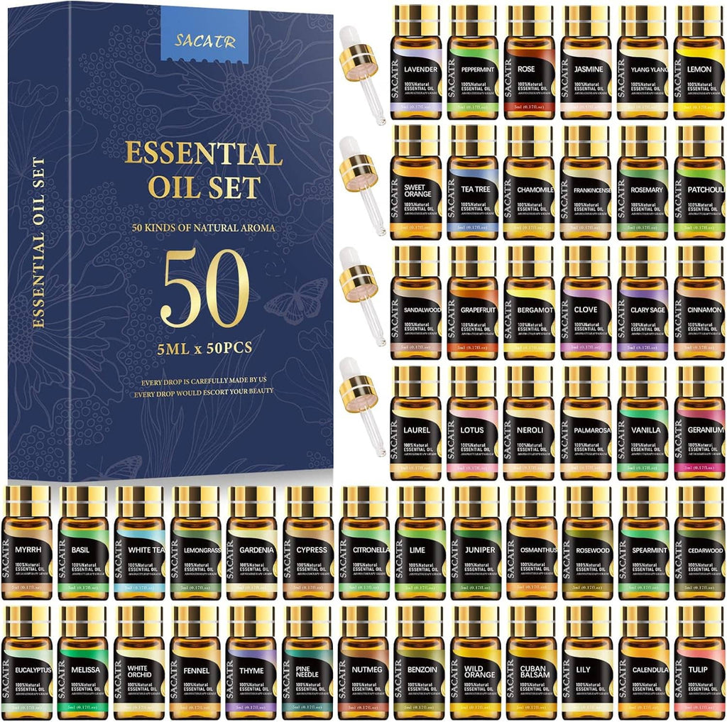 Essential oil gift set with 50 small glass bottles and blue presentation box