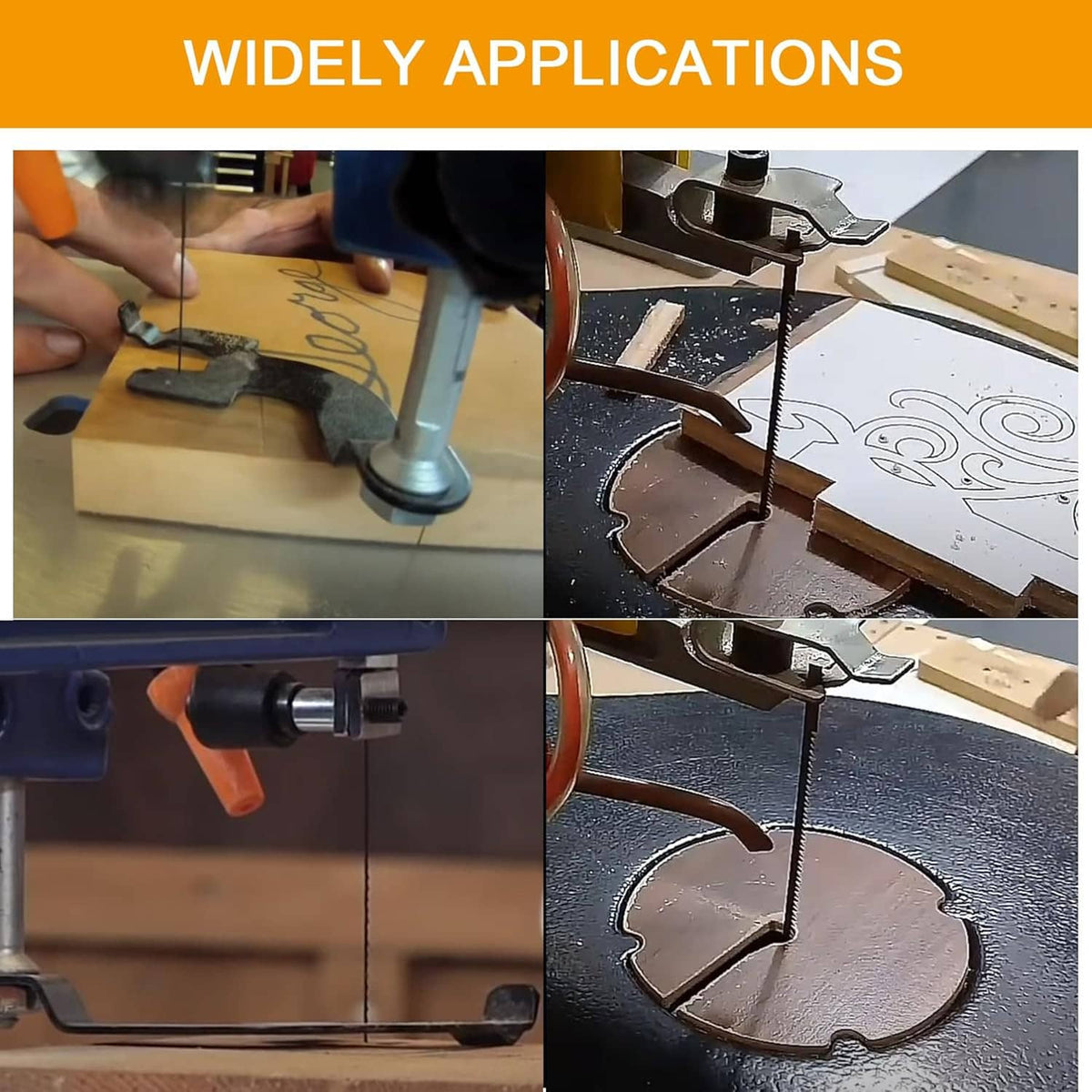Pin-end scroll saw blade cutting through wood, with blade and frame visible
