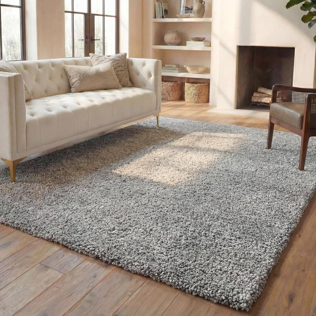 Silver shag area rug large size with plush textured pile