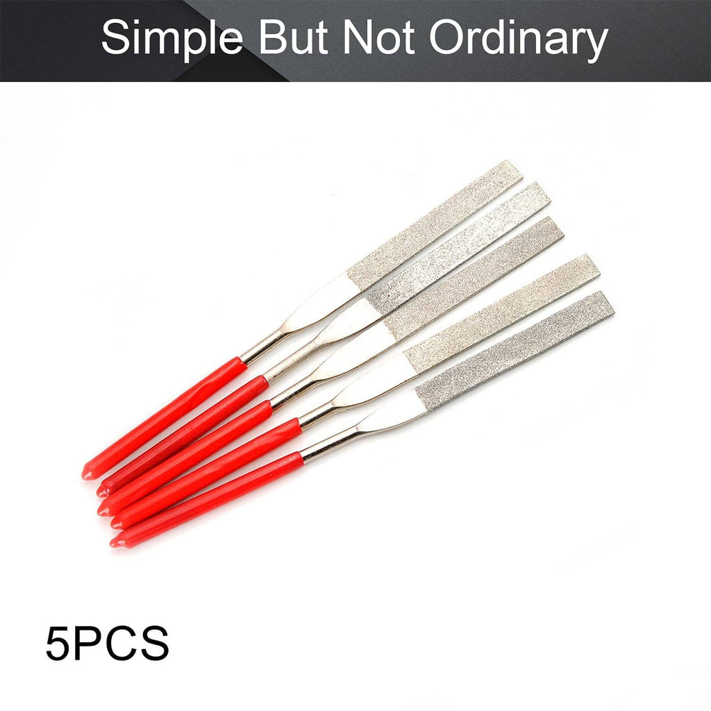 Five diamond needle files with silver textured ends and red grips