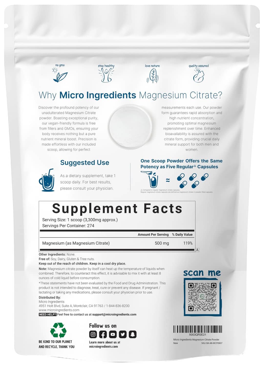Magnesium citrate powder supplement back label with supplement facts and QR code