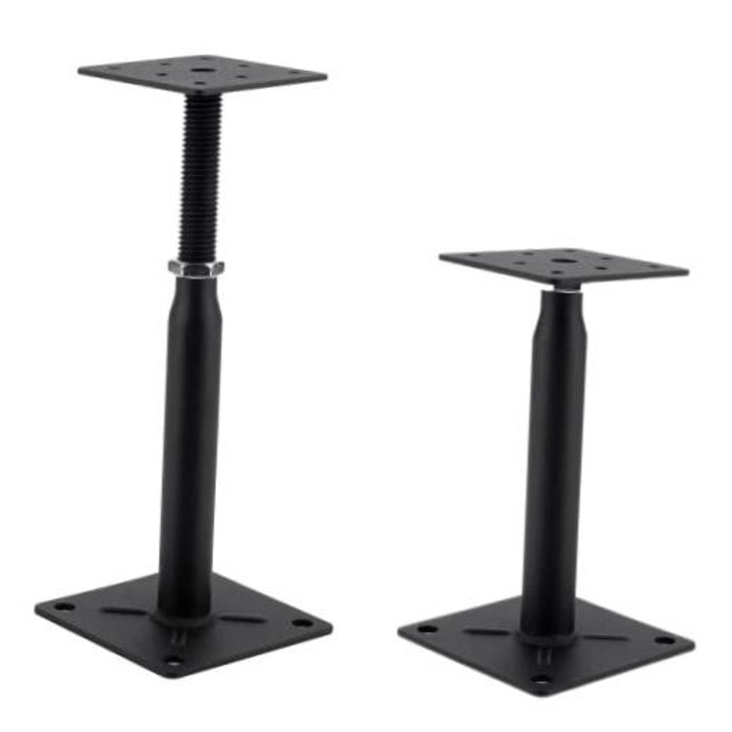 Black adjustable pedestal jack with square base plate and threaded height screw