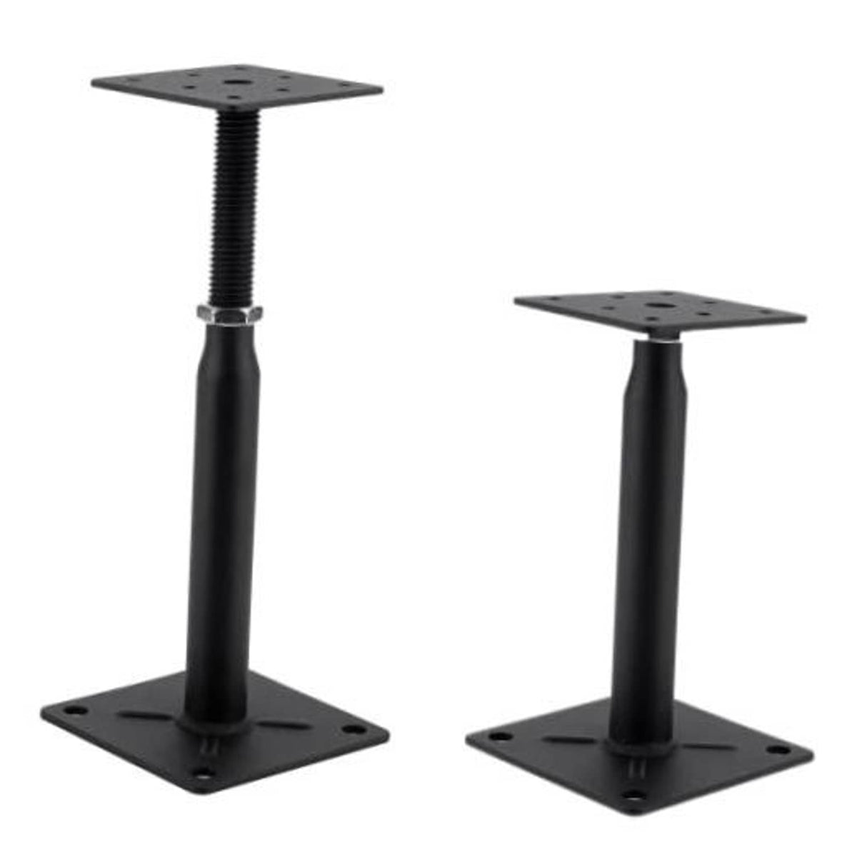 Black adjustable pedestal jack with square base plate and threaded height screw
