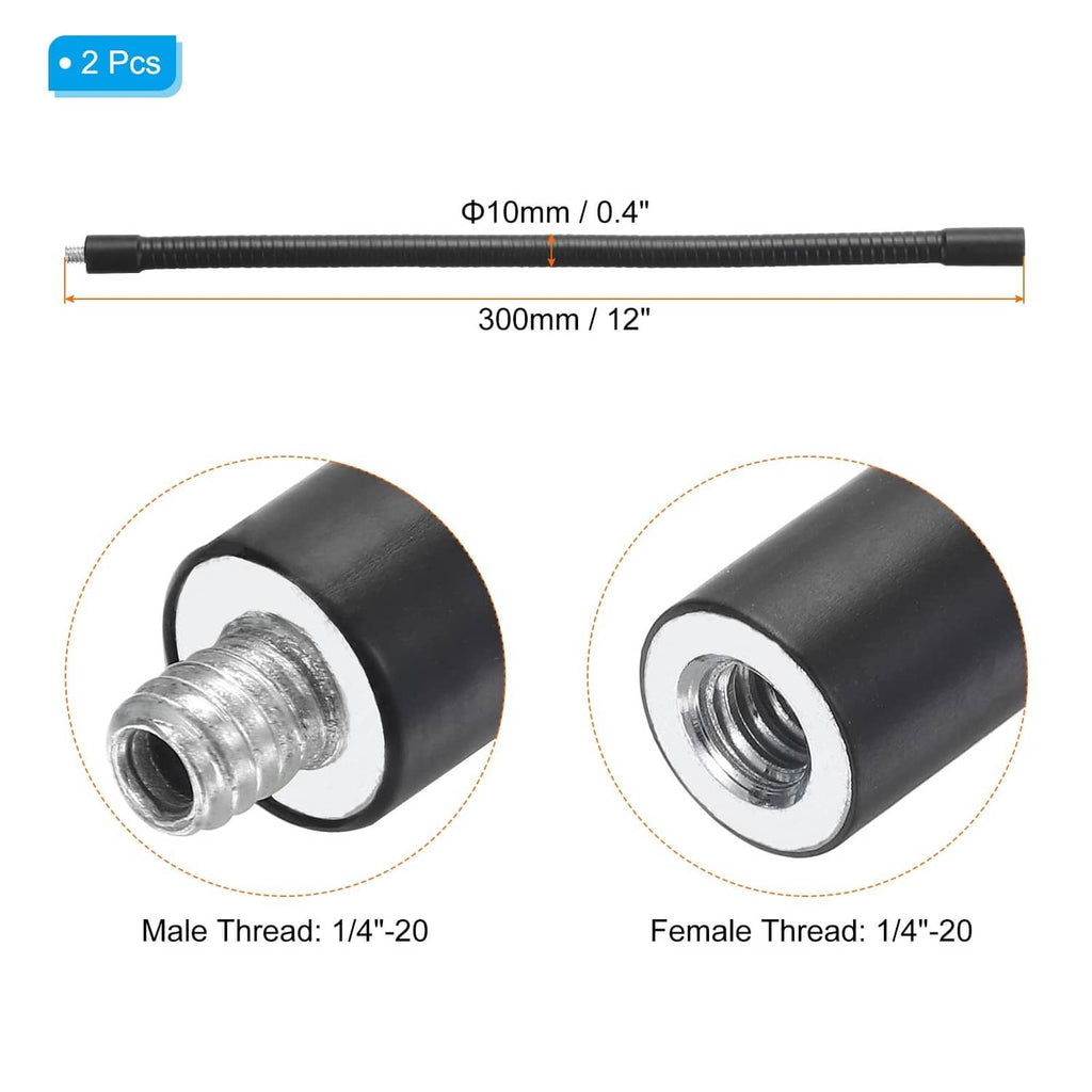 Black 12-inch gooseneck hose with 1/4-20 male and female threaded ends