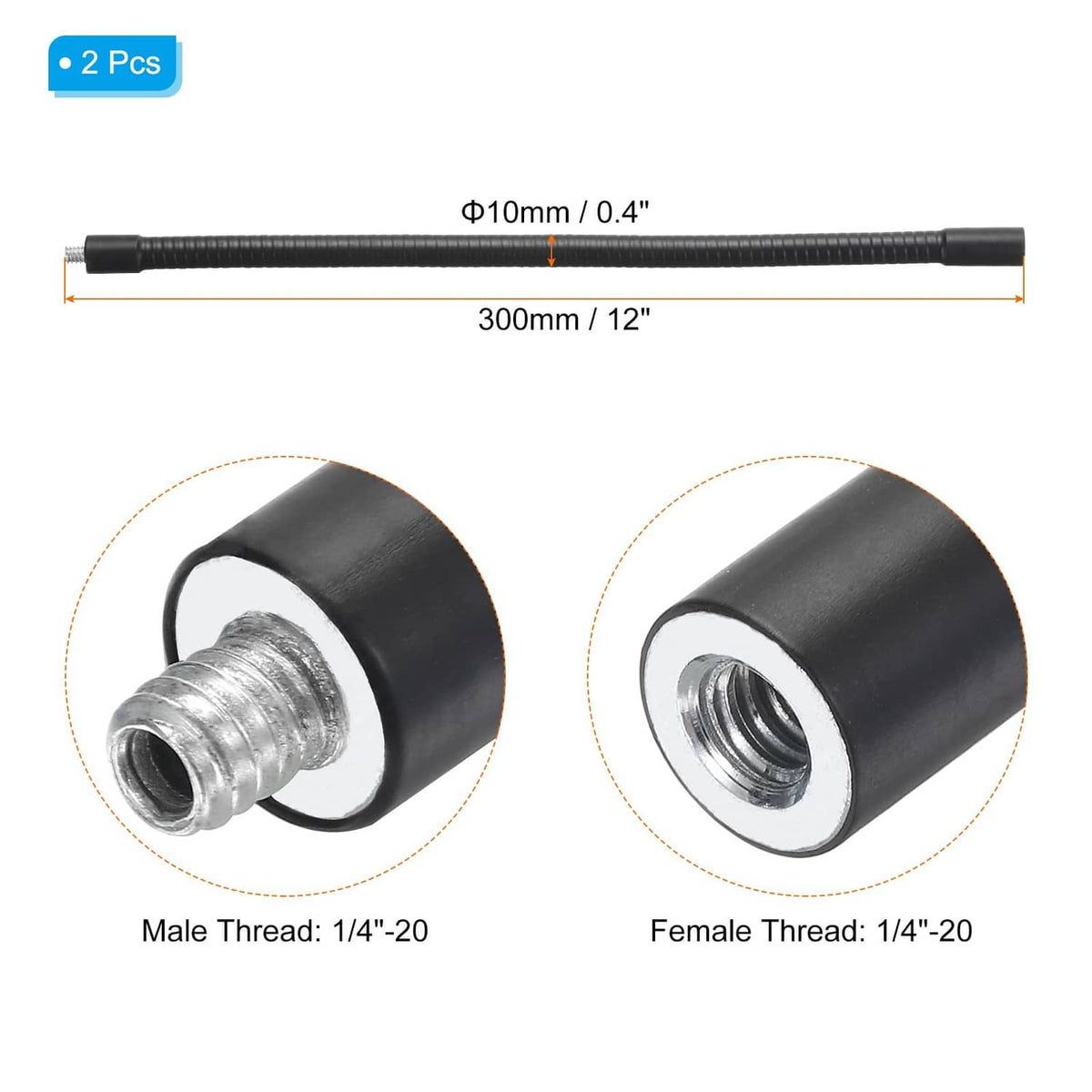 Black 12-inch gooseneck hose with 1/4-20 male and female threaded ends