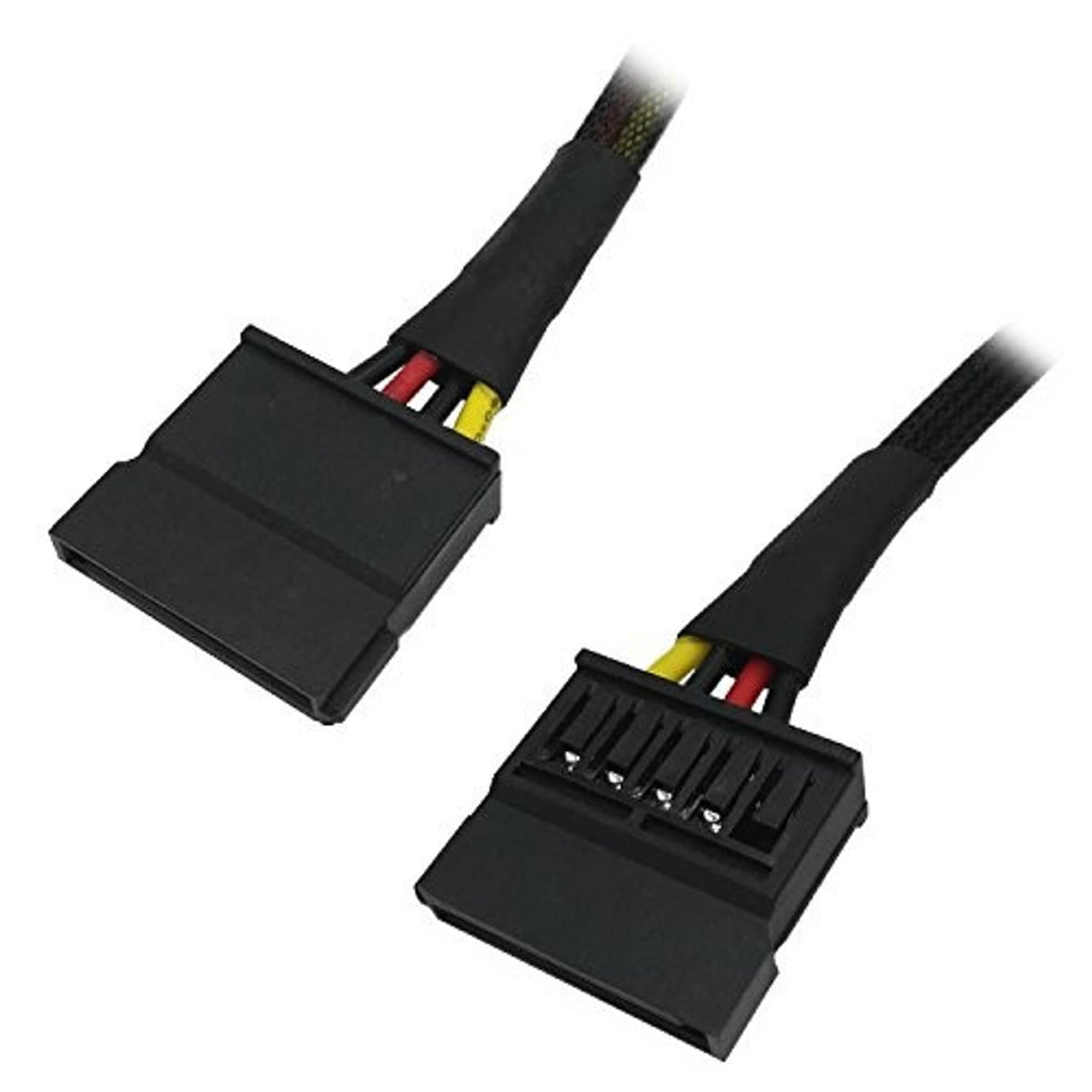 Dual SATA power connectors on a black cable, showing pin layout and keyed plugs