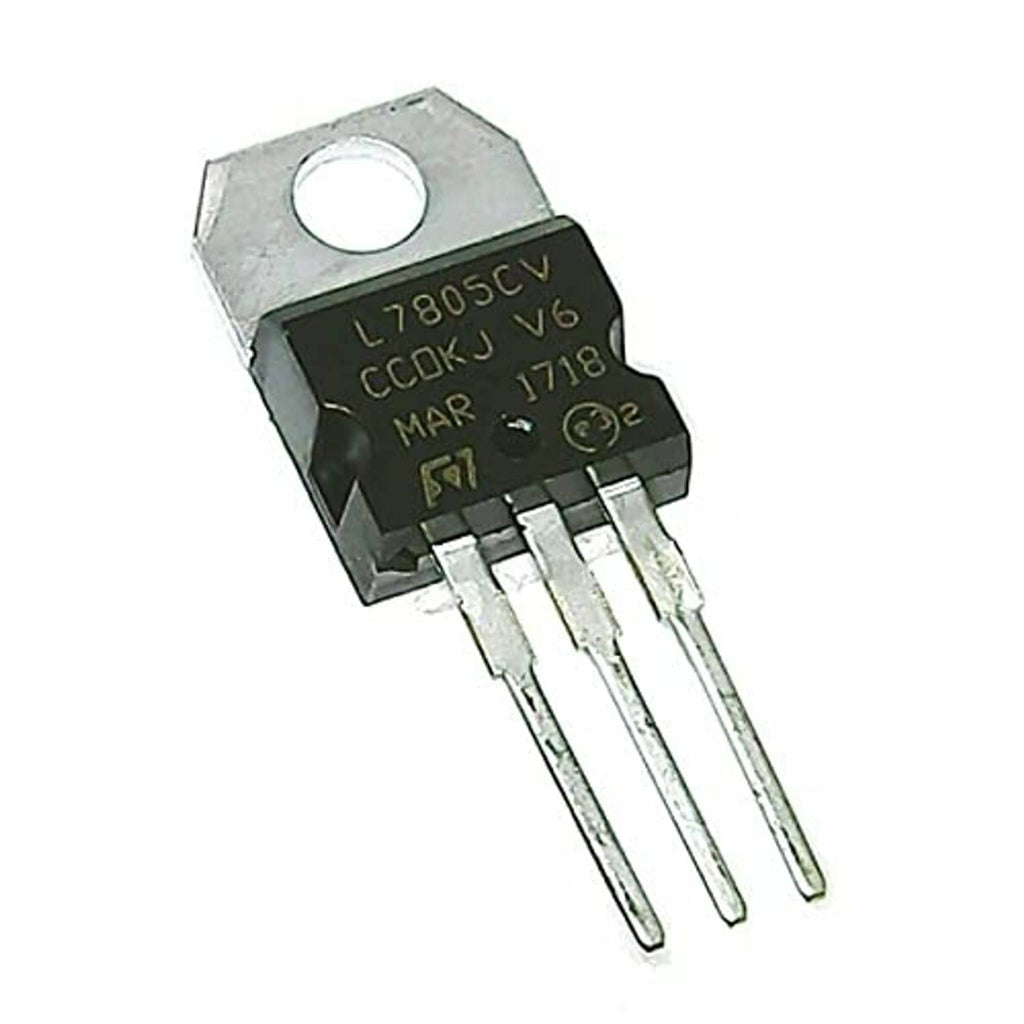 5V voltage regulator IC in TO-220 metal case with visible markings and three pins