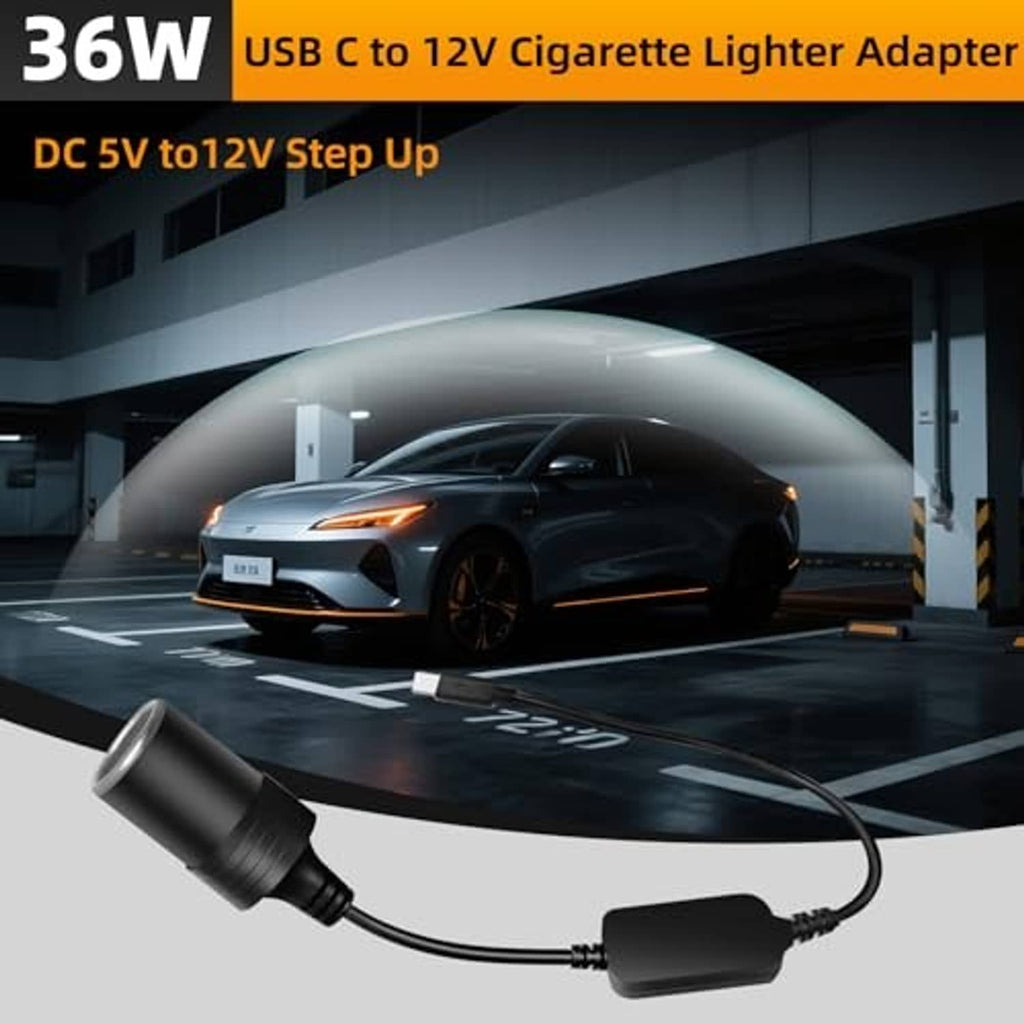 USB-C to 12V cigarette lighter adapter with black plug and short black power cable