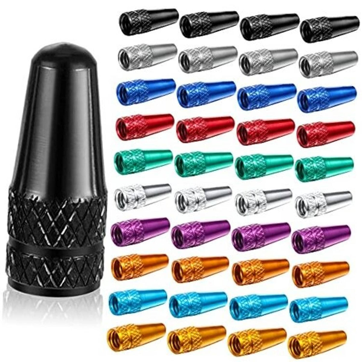 Rocket-style Presta valve cap, glossy black with diamond knurled grip band