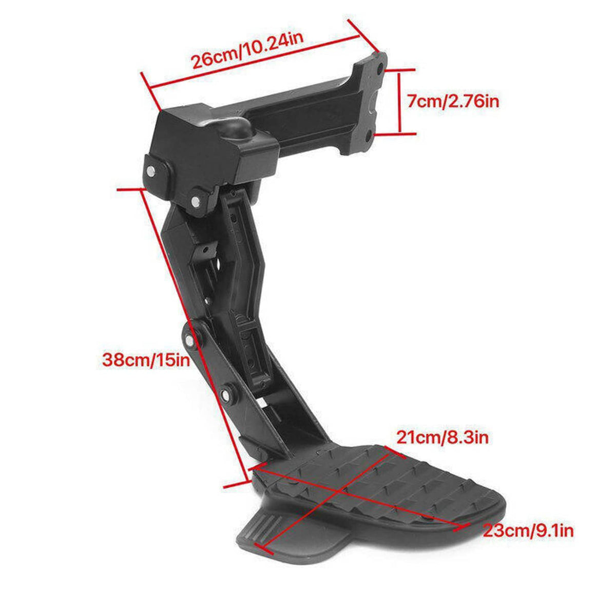 Retractable side bed step dimensions diagram, black mounting bracket and textured foot pad