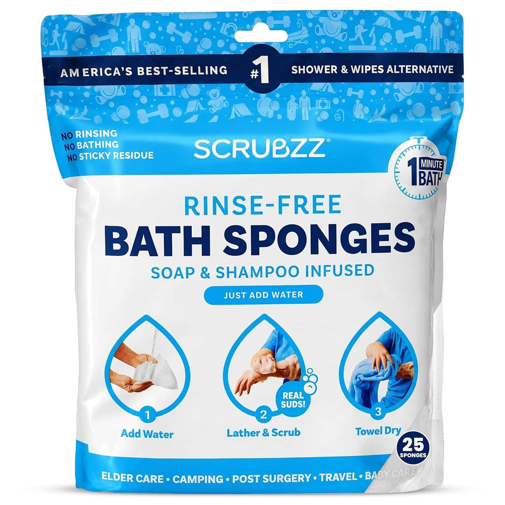 Rinse-free bath sponge pack, soap & shampoo infused, 25-count disposable sponges