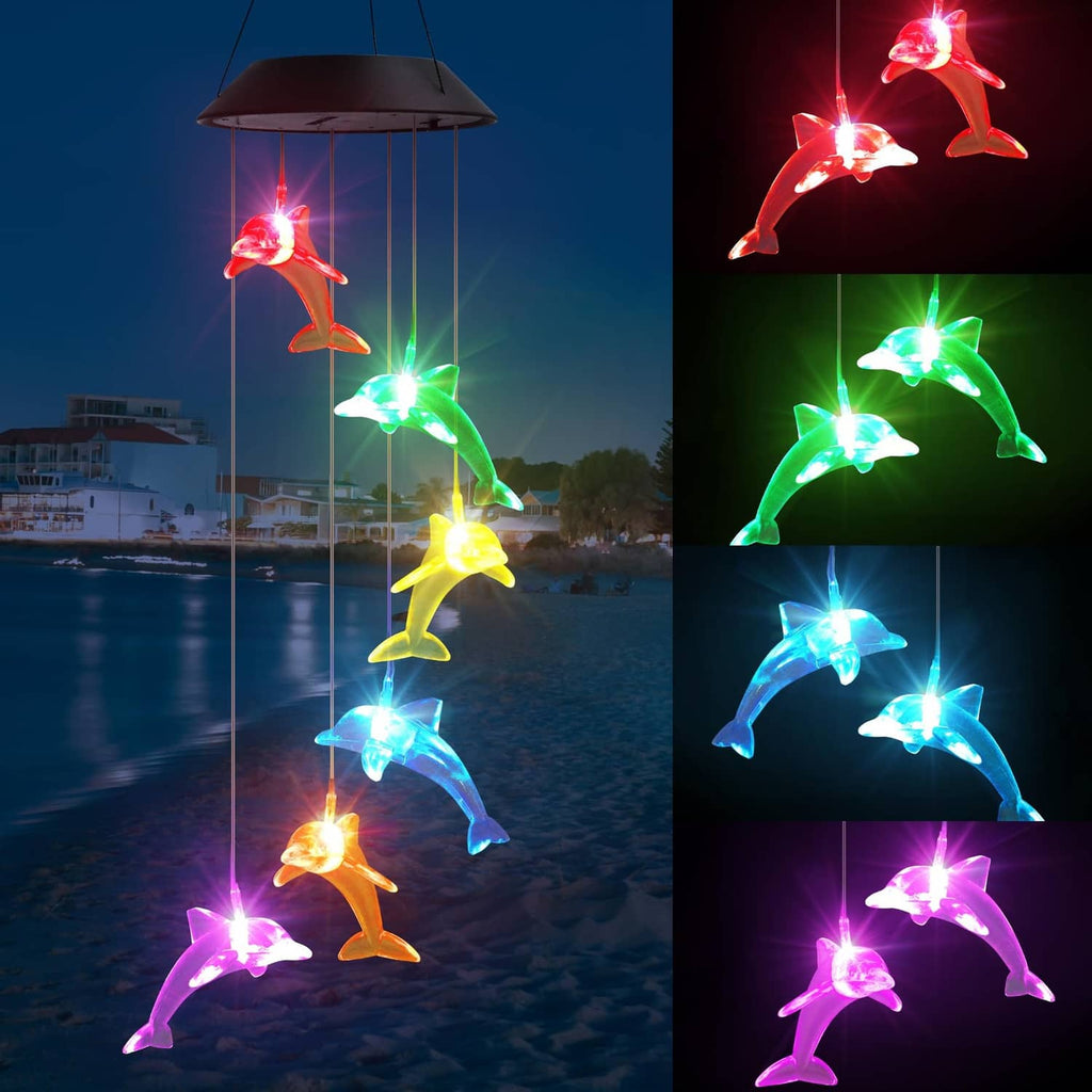 Hanging solar dolphin wind spinner lights with multicolor LED glow