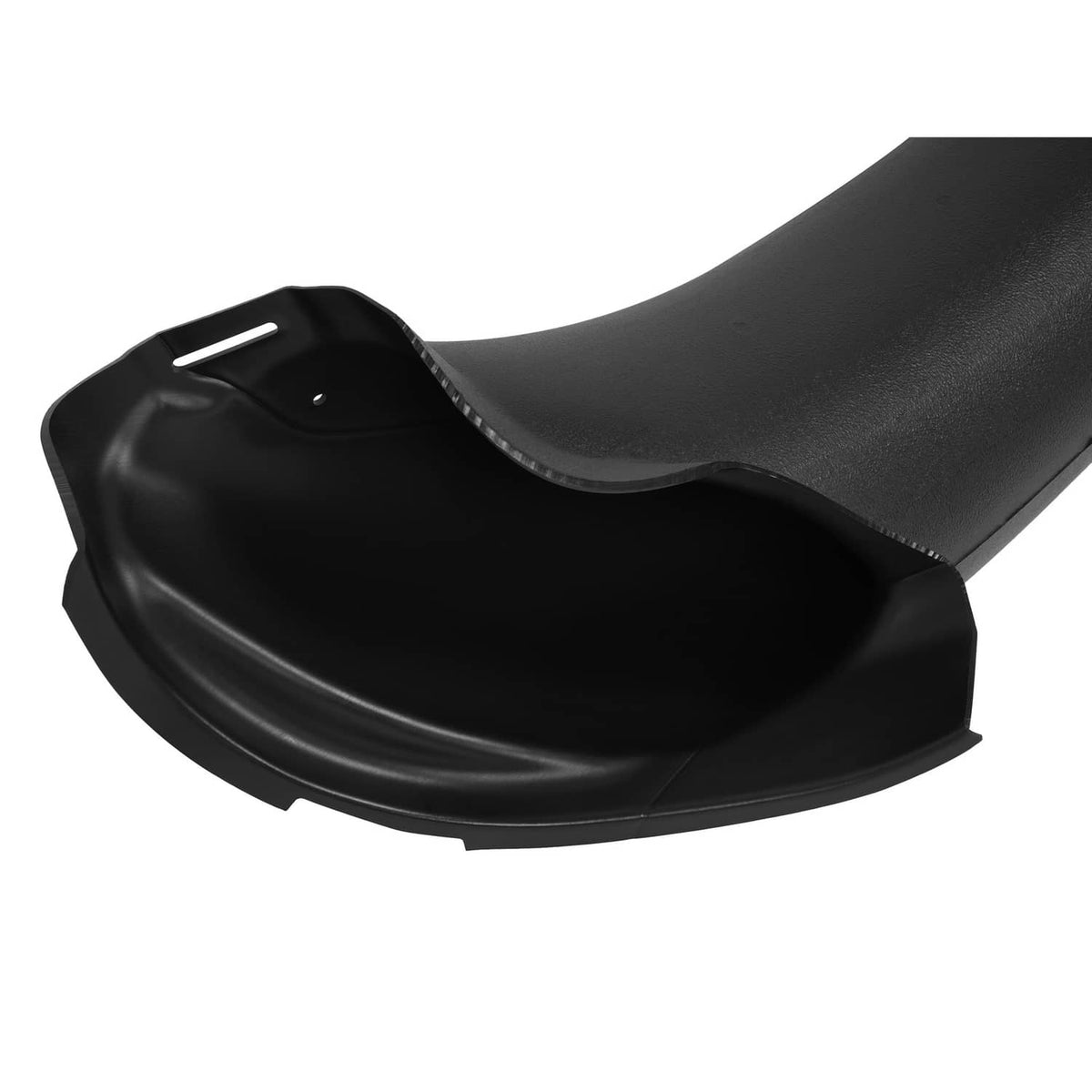 Black mower discharge chute front section with curved deflector and mounting points