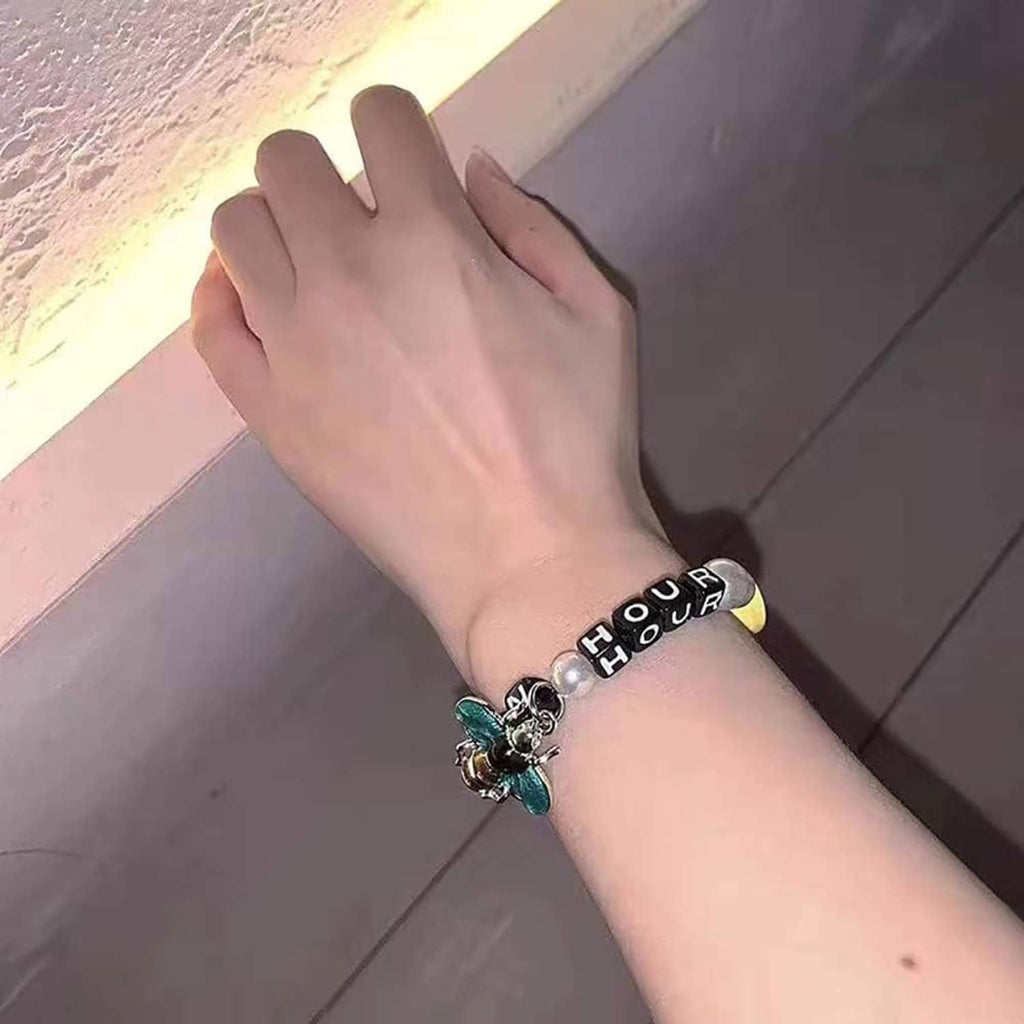 Letter cube bead bracelet on elastic band with multicolor beads