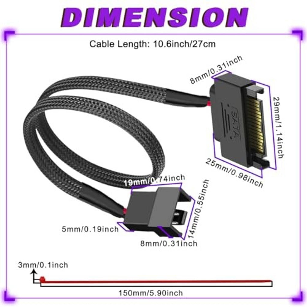 Black braided SATA fan adapter cable with 15-pin connector and red/black lead length line
