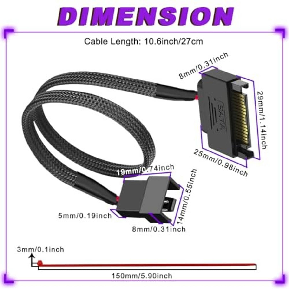 Black braided SATA fan adapter cable with 15-pin connector and red/black lead length line