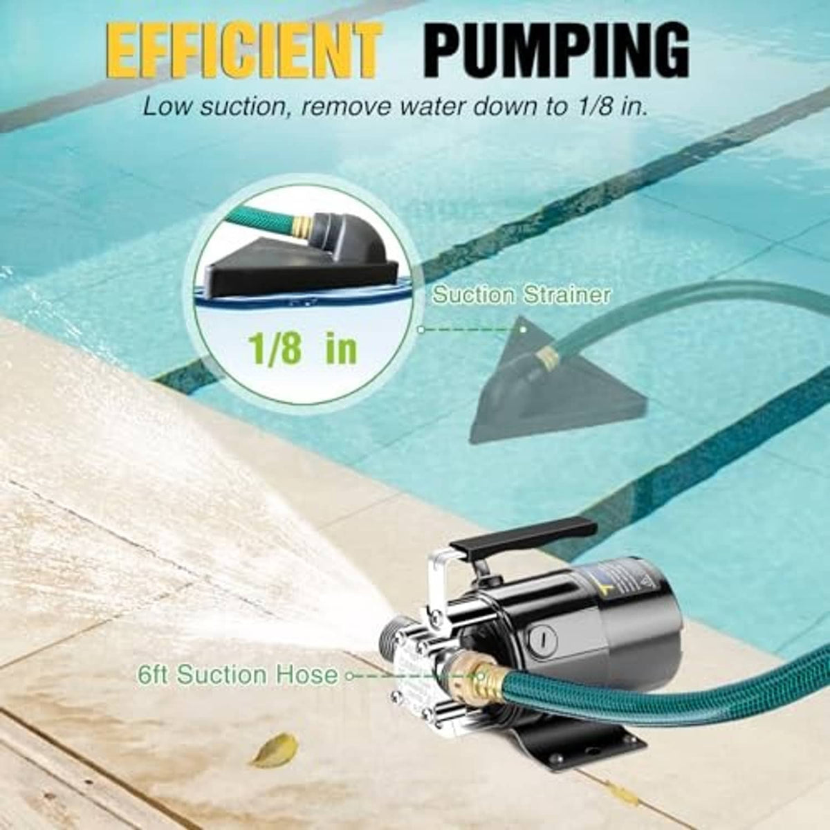 Trupow mini utility pump with green suction hose and end strainer for water removal