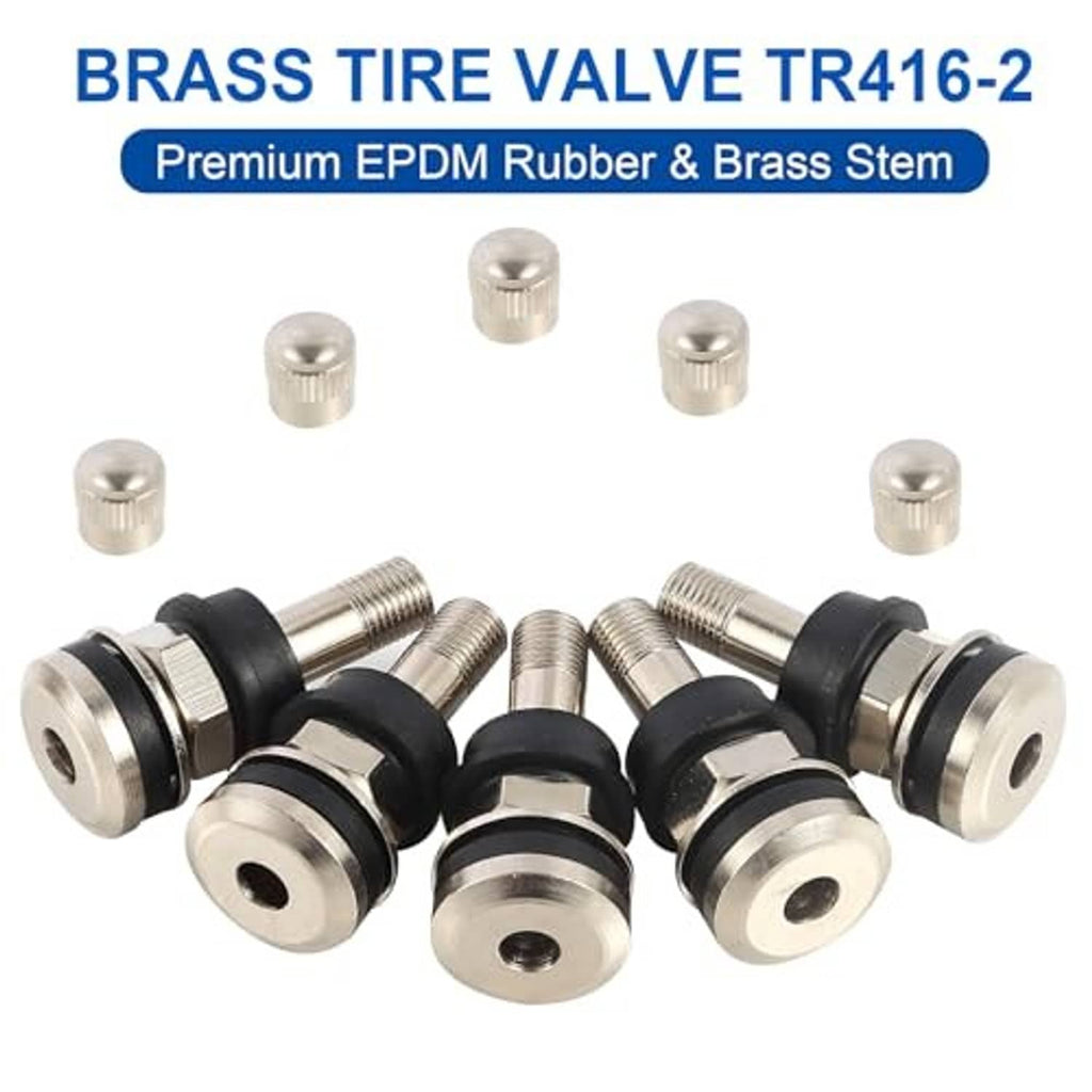 Brass tire valve stems with black rubber seals and silver valve caps, several pieces