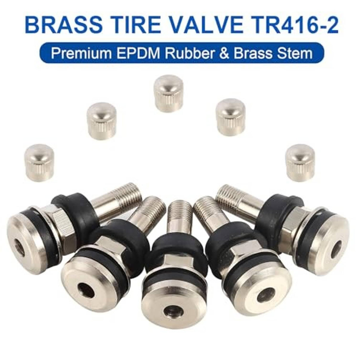 Brass tire valve stems with black rubber seals and silver valve caps, several pieces