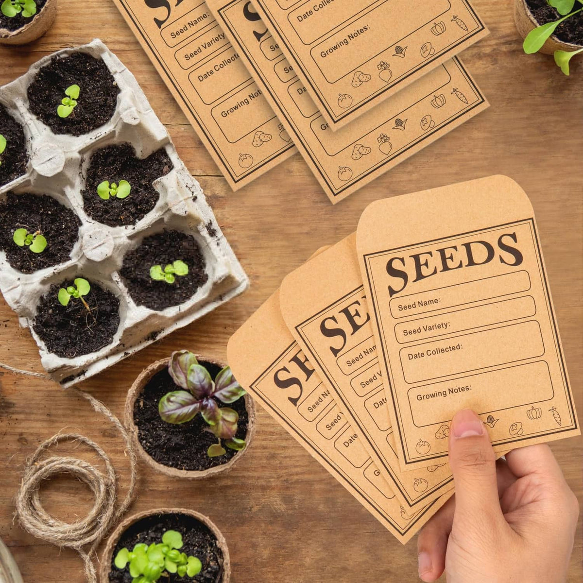 Brown kraft seed envelopes with SEEDS form, one envelope held by a hand.