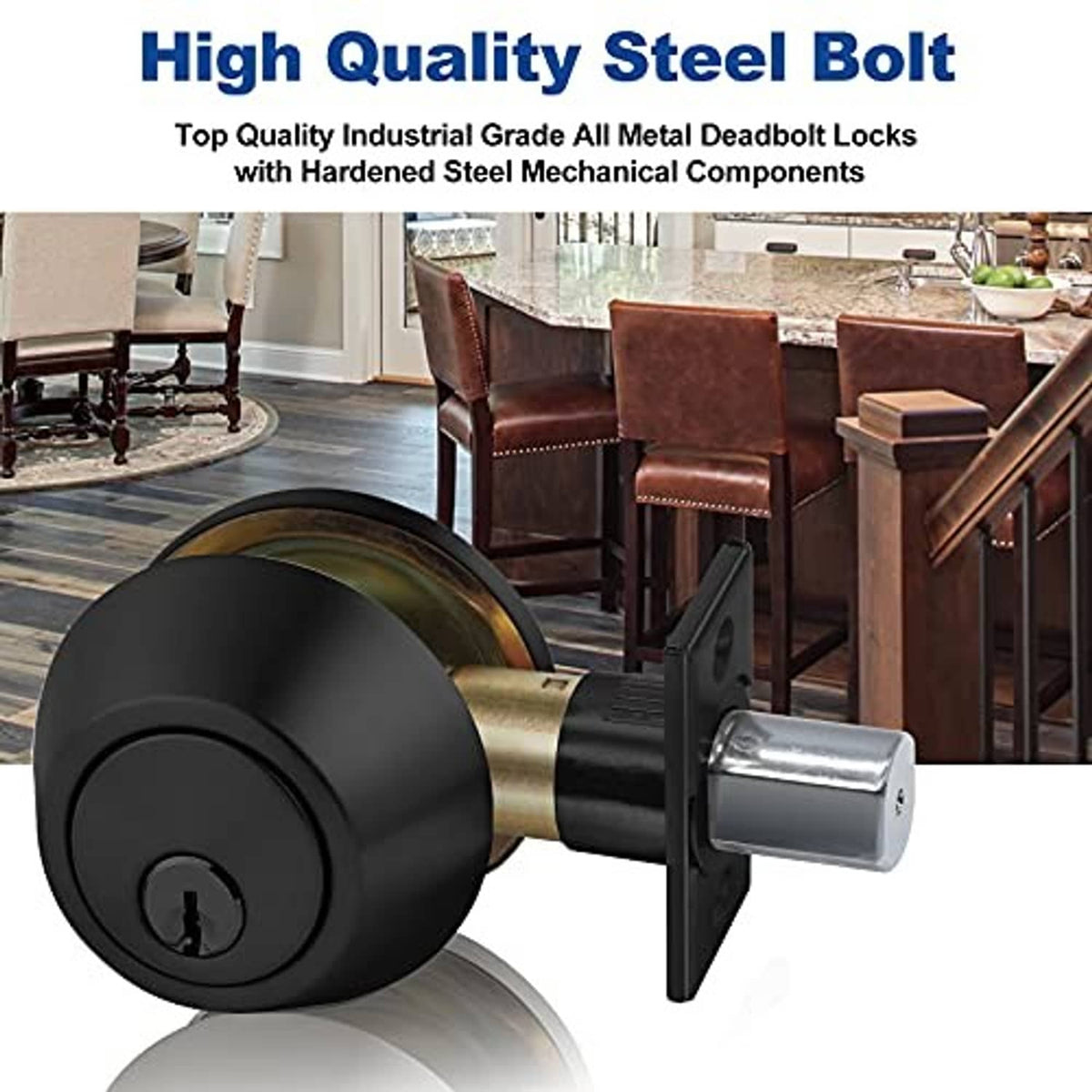 Matte black exterior deadbolt with brass interior and silver key cylinder housing