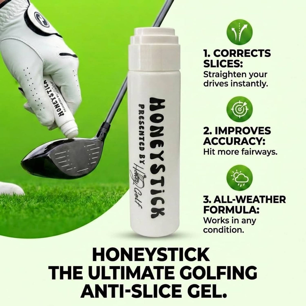 HoneyStick anti-slice gel tube beside a golf club and glove, promotional layout