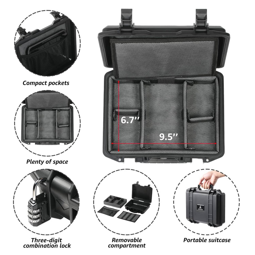 Black smell-proof box with organized interior pockets and zipperless compartments, open