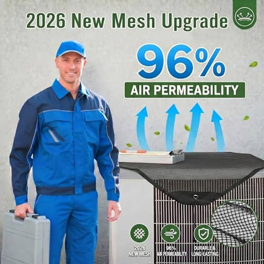 Mesh air conditioner cover with ventilation opening shown with airflow graphic