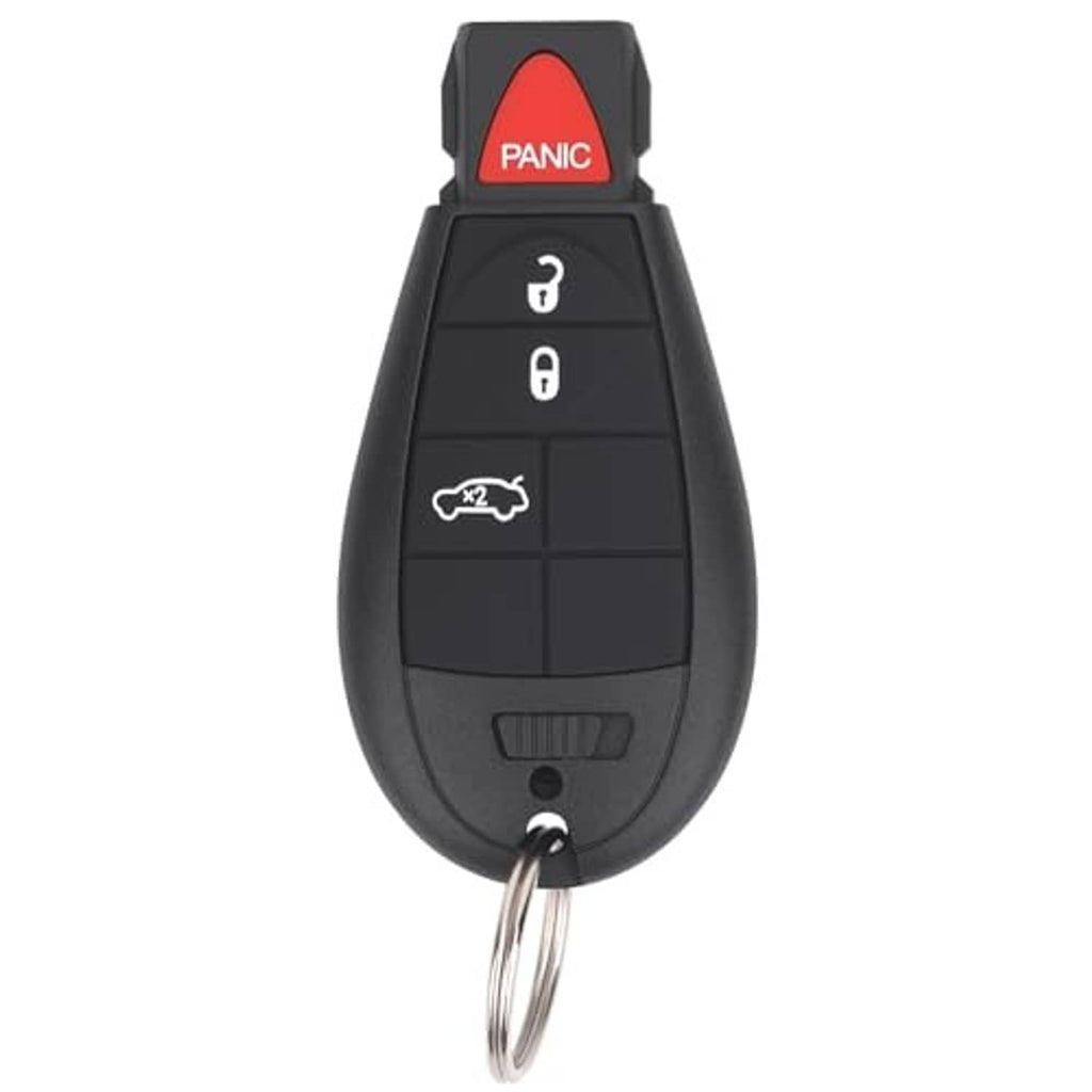 Black key fob remote with red PANIC button and metal key ring