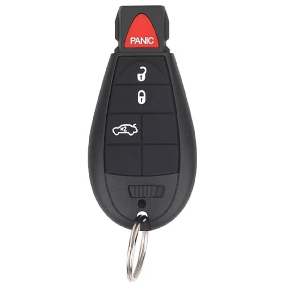 Black key fob remote with red PANIC button and metal key ring
