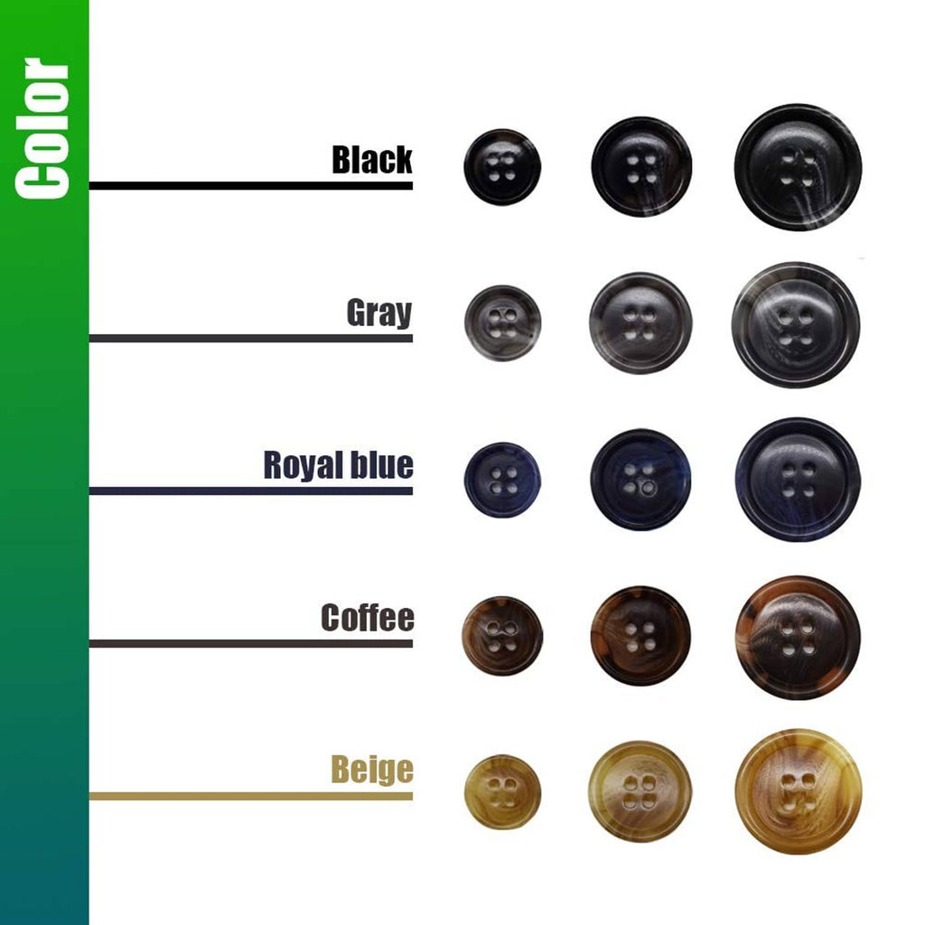 Faux buffalo buttons in five colors: black, gray, royal blue, coffee, and beige