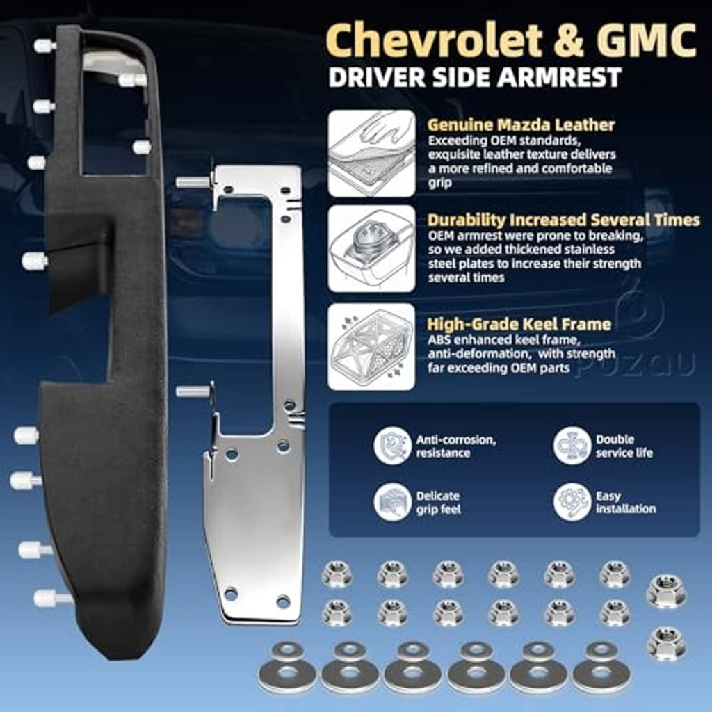 Driver side armrest repair kit diagram with armrest, bracket, and fasteners