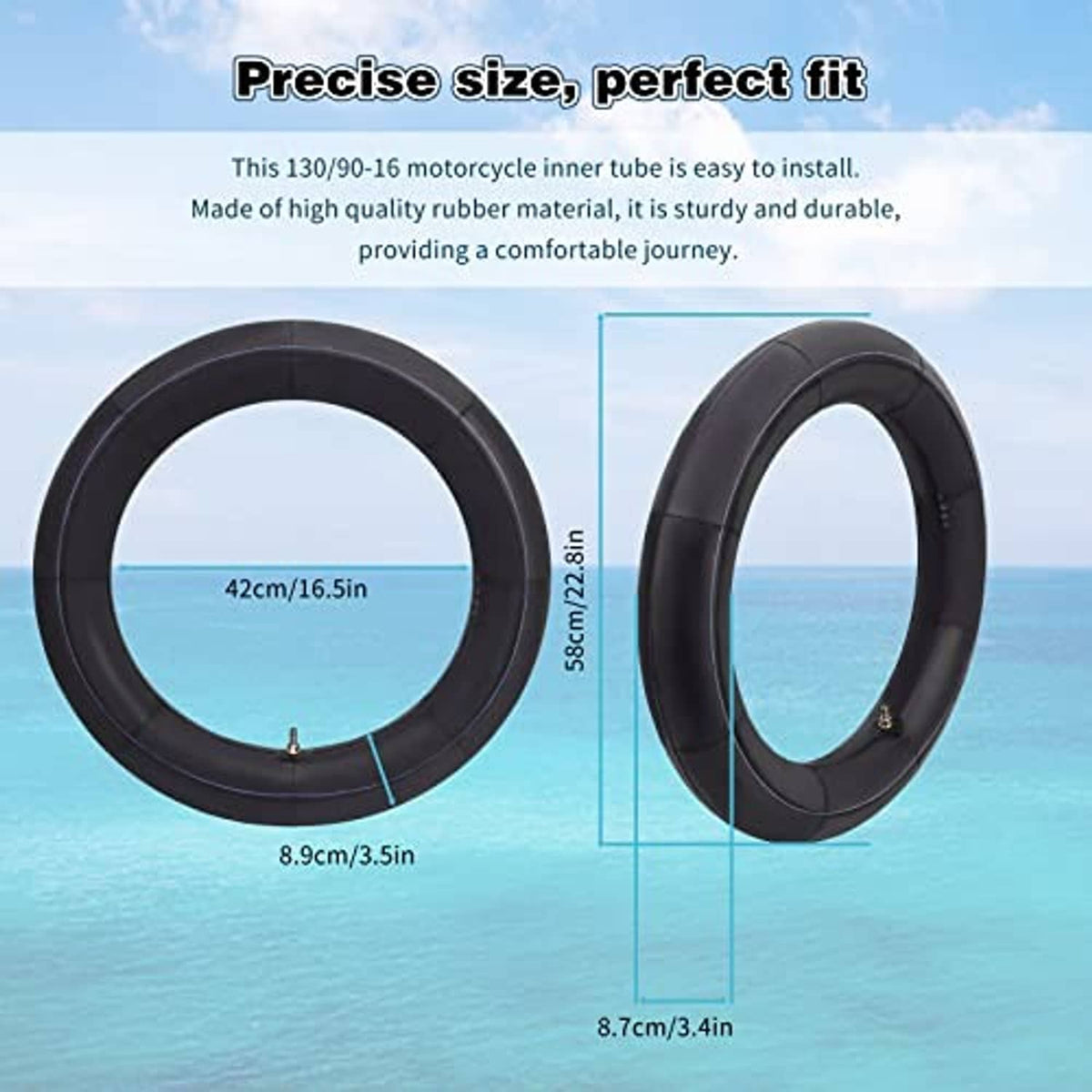 Black inner tube with valve stem and size dimension markings