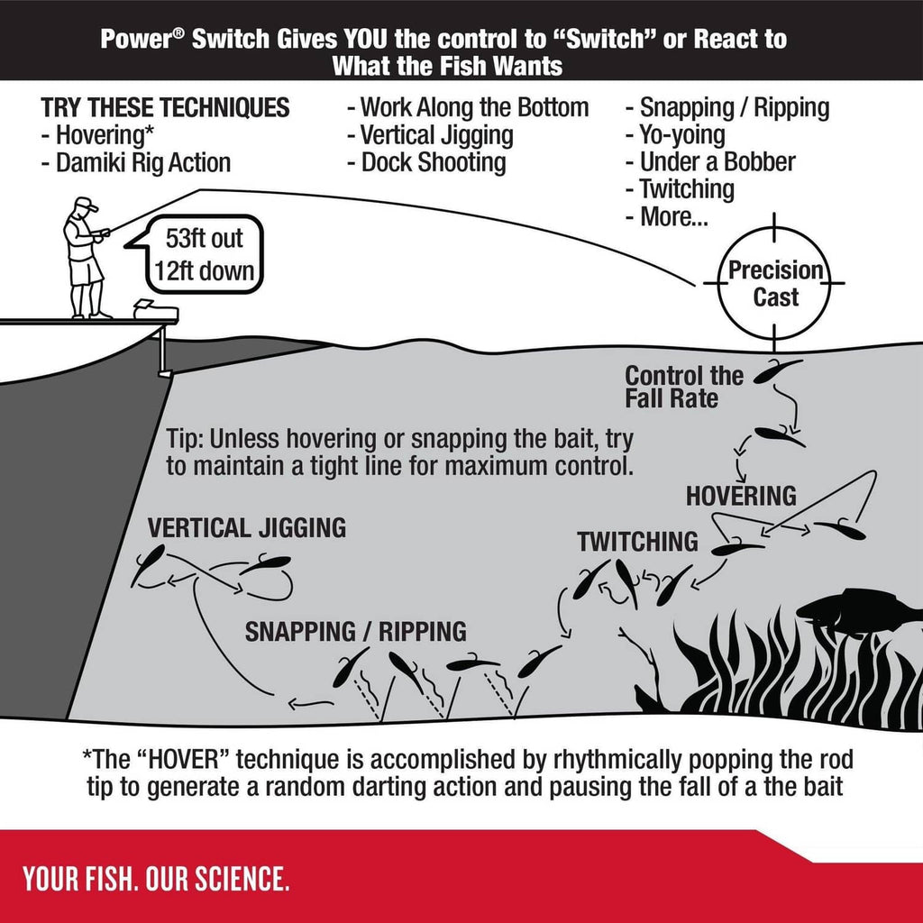 Soft bait fishing technique diagram showing snapping, jigging, and hovering controls