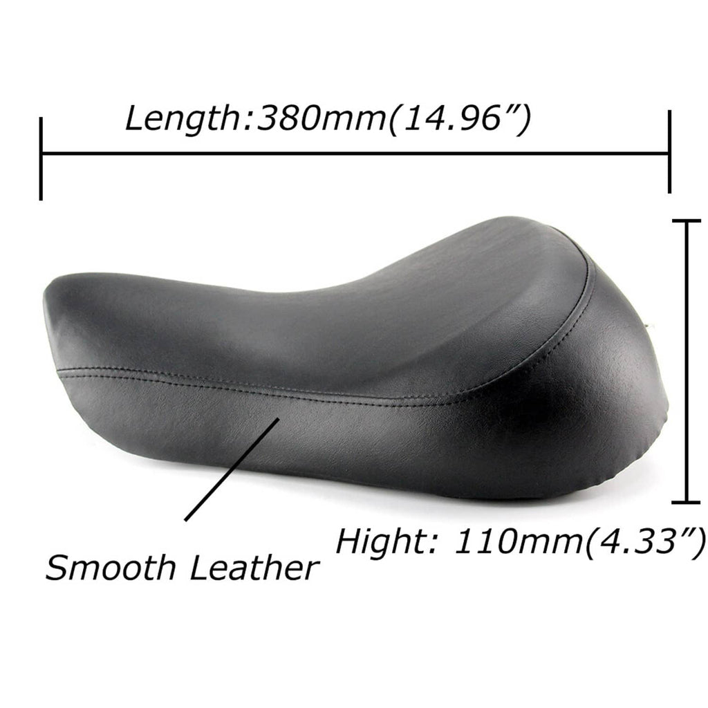 Black motorcycle solo seat with length and height dimensions and smooth leather