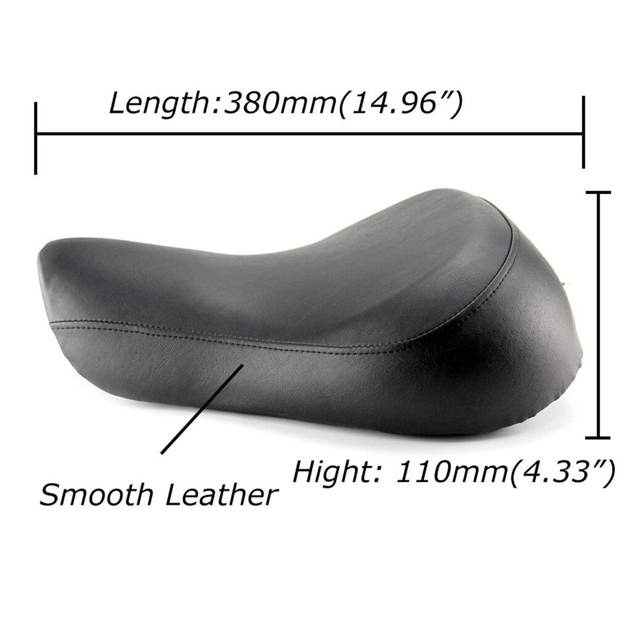 Black motorcycle solo seat with length and height dimensions and smooth leather