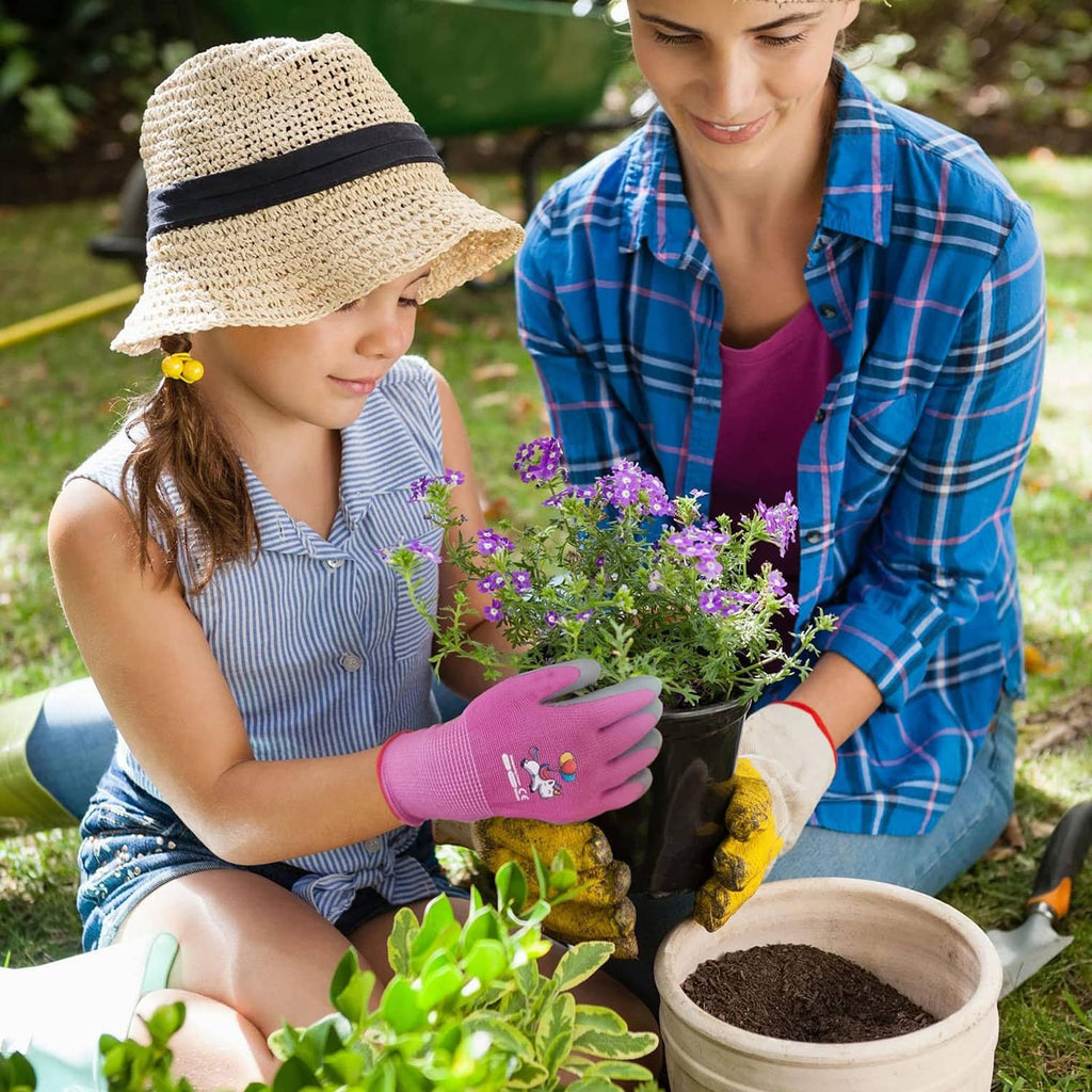 Children's pink gardening gloves with cartoon design and stretchy wrist cuff